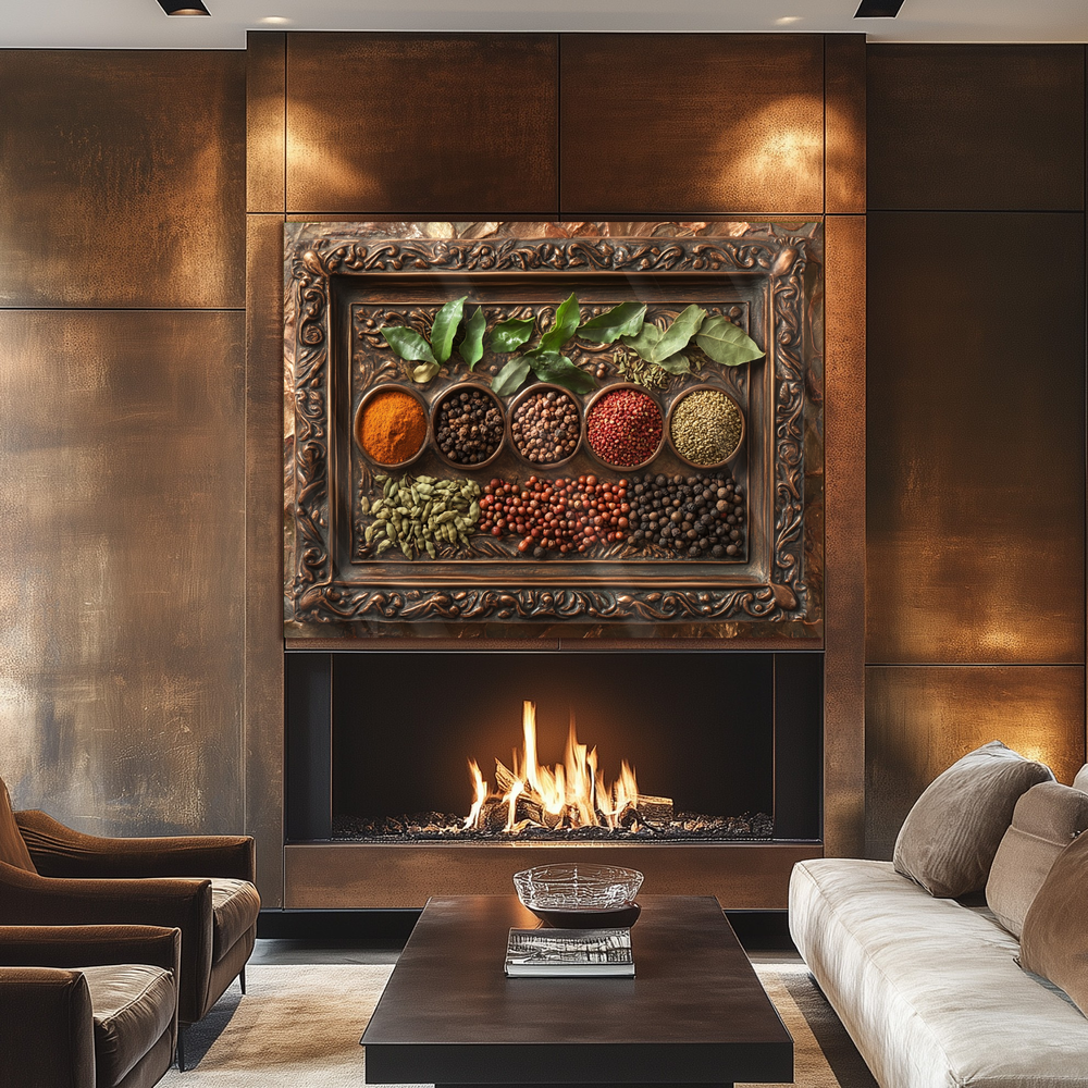 Copper Look Spice Bowls Print One Piece Tempered Glass Kitchen Splashback For Stove Behind, Kitchen Backsplash, Wall Art