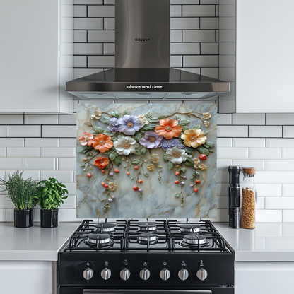 Embossed Flowers One Piece Tempered Glass Kitchen Splashback For Stove Behind, Kitchen Backsplash, Wall Art
