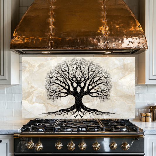 Marble Tree of Life Design Printed Tempered Glass Kitchen Backsplash Splashback Decorative Wall Art Panel for Modern Home Interiors