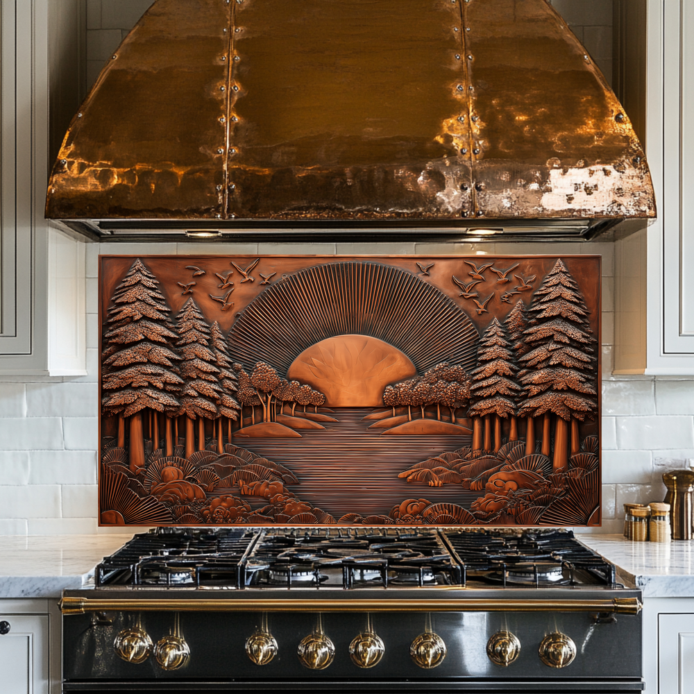 Landscape Design in Copper Look Printed Tempered Glass Kitchen Backsplash Splashback Wall Art Panel