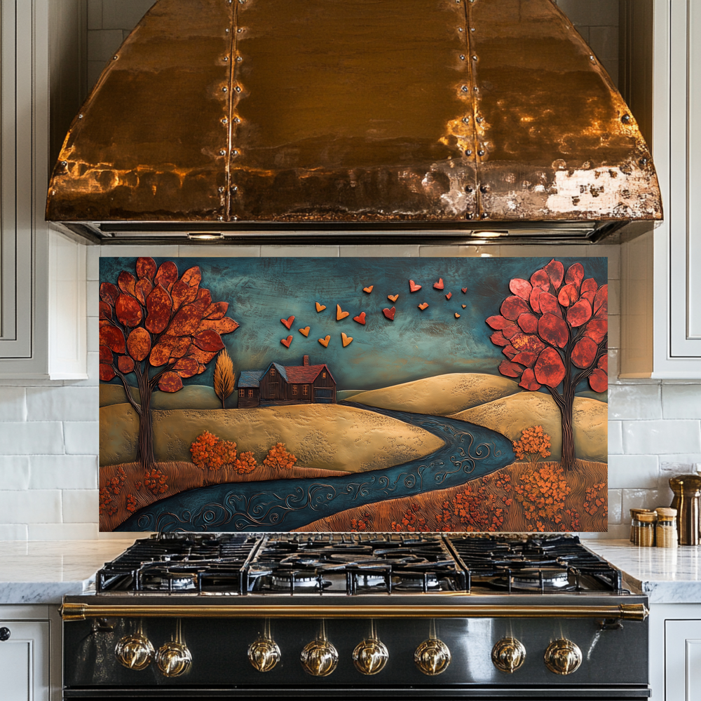 Romantic House Landscape with Hearts Printed Tempered Glass Kitchen Backsplash Splashback or Wall Art Panel for Cozy Home Decor