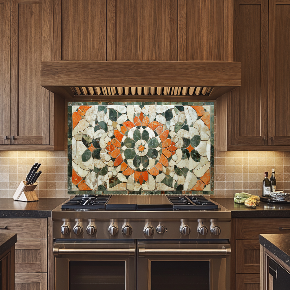 American Made Floral Mosaic Look Glass Backsplash Behind Stove – Rustic Farmhouse Kitchen Backsplash Tile, Flower Leaf Splashback