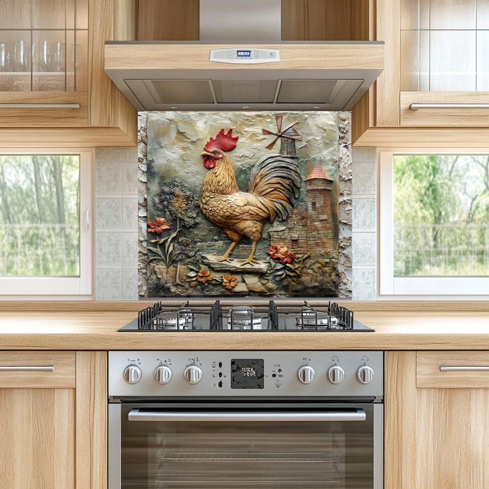 Cockerel Themed One Piece Tempered Glass Kitchen Splashback For Stove Behind, Kitchen Backsplash, Kitchen Backsplash, Wall Art