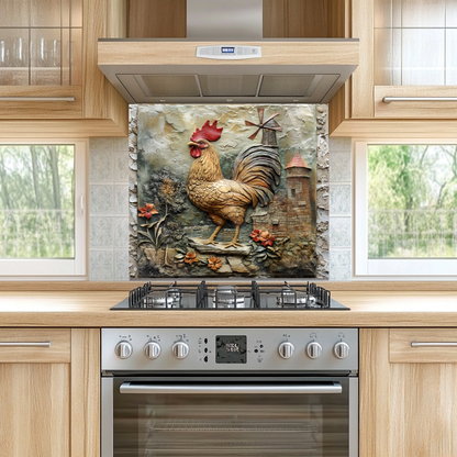 Cockerel Themed One Piece Tempered Glass Kitchen Splashback For Stove Behind, Kitchen Backsplash, Kitchen Backsplash, Wall Art