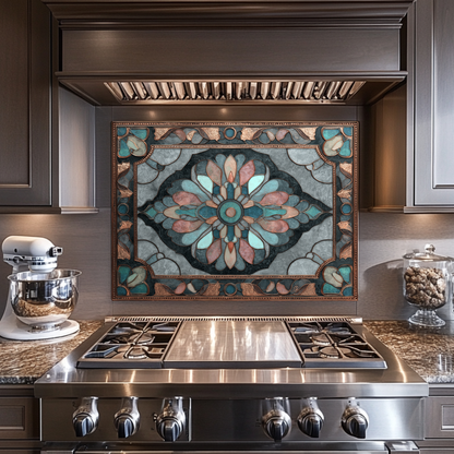 Ottoman Pattern on Marble Print Background Glass Backsplash for Kitchen Stove, Custom Wall Art, Heat-Resistant Kitchen Decor
