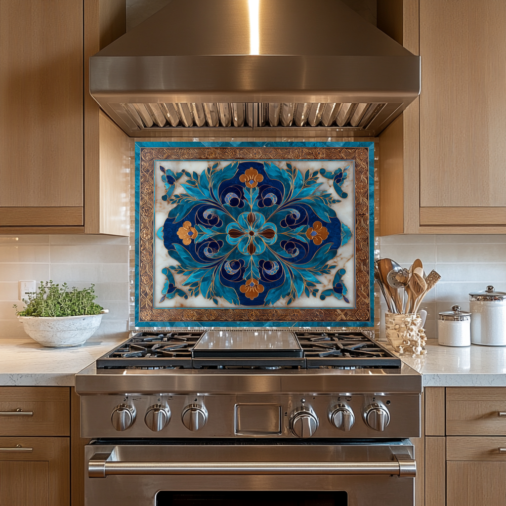 Blue Traditional Glass Backsplash Panel for Kitchen, Tempered Glass Wall Art, Classic Tile Pattern Decor