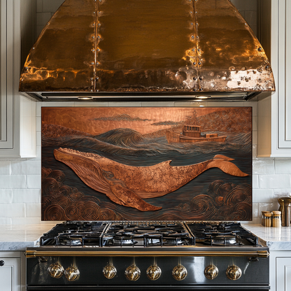Copper Embossed Look Whale Under Northern Lights Printed Glass Backsplash | Ocean Art Tempered Glass Kitchen Wall Panel,Modern Coastal Decor