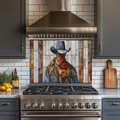 Stained Glass Style Western Cowboy Glass Backsplash Panel, UV Printed Tempered Kitchen Wall Art, Rustic Western Home Decor