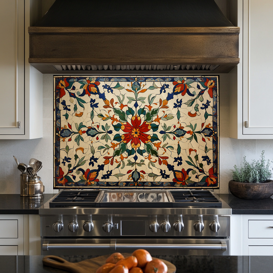 Red Ottoman Patterns One Piece Tempered Glass Kitchen Splashback For Stove Behind, Kitchen Backsplash, Kitchen Backsplash, Wall Art