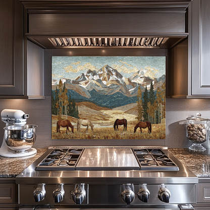 Nature and Horses Mosaic Glass Backsplash • Rustic Kitchen Panel • Artistic Equestrian Wall Art • Scenic Animal Design