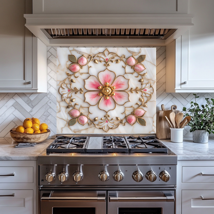 Pink&Gold Pattern Marble Look One Piece Tempered Glass Kitchen Splashback For Stove Behind, Kitchen Backsplash, Kitchen Backsplash, Wall Art