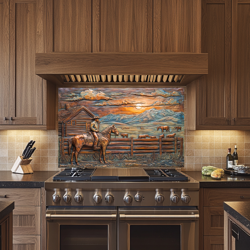 Copper Look Farm House One Piece Tempered Glass Kitchen Splashback For Stove Behind, Kitchen Backsplash, Wall Art