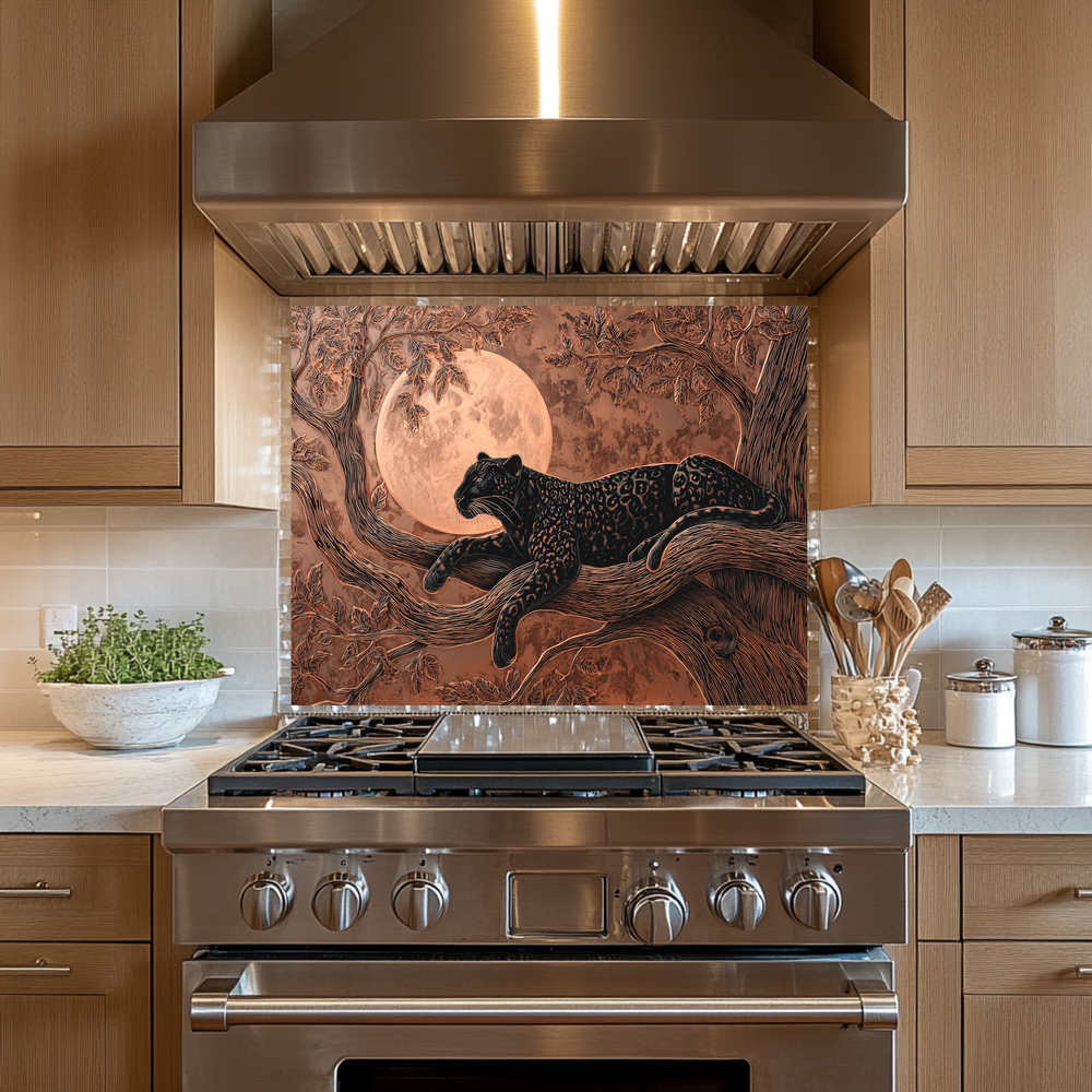 Copper Leopard Nature Glass Backsplash Panel, Tempered Glass Wall Art, Wild Jungle Rustic Kitchen Decor, Animal Print Stove Protector