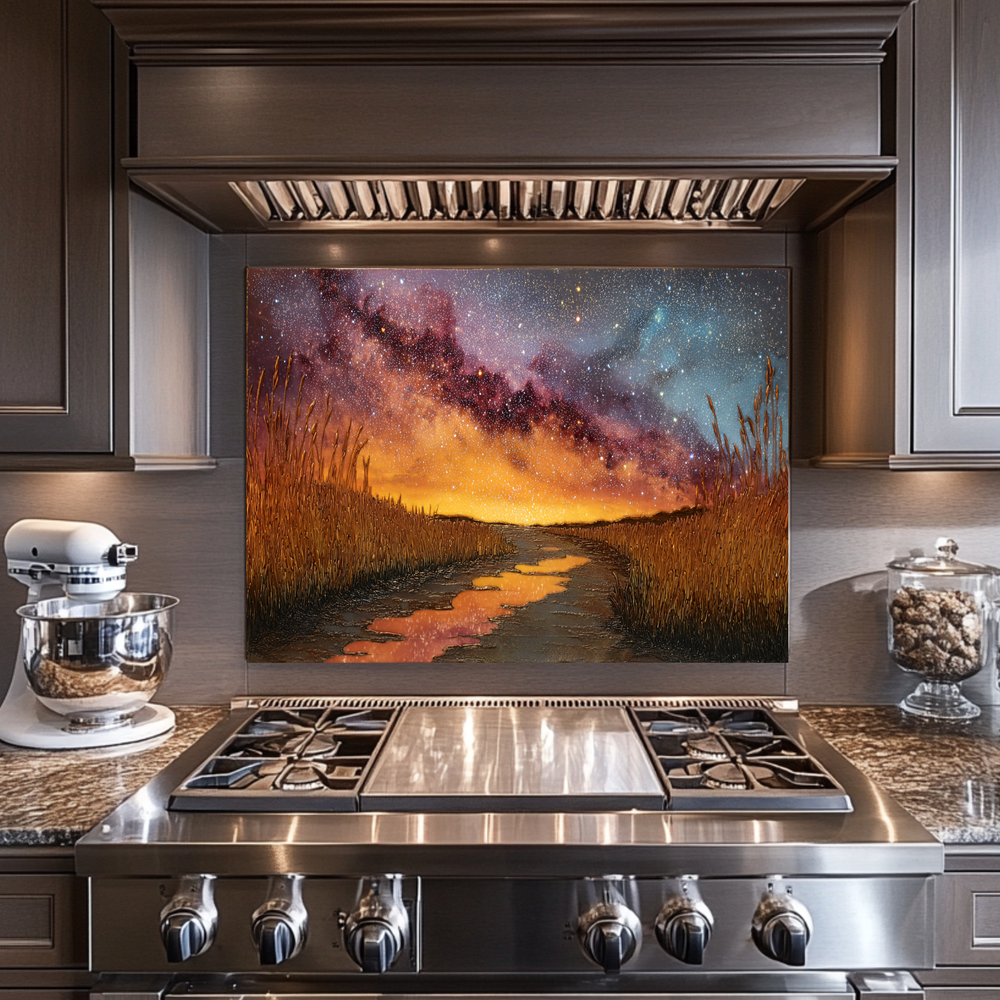 Starry Sky Nature Glass Backsplash • Night Landscape Kitchen Panel • Cosmic Forest Wall Art • Scenic Galaxy Design