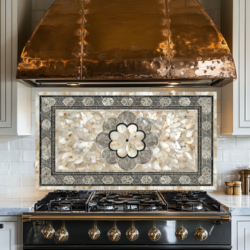 Ottoman Pattern on Marble Print Background Glass Backsplash for Kitchen Stove, Custom Wall Art, Heat-Resistant Kitchen Decor
