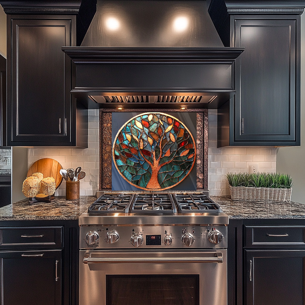Life of Tree Stained Glass Look One Piece Tempered Glass Kitchen Splashback For Stove Behind, Kitchen Backsplash, Kitchen Backsplash, Wall Art