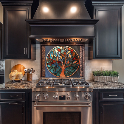 Life of Tree Stained Glass Look One Piece Tempered Glass Kitchen Splashback For Stove Behind, Kitchen Backsplash, Kitchen Backsplash, Wall Art