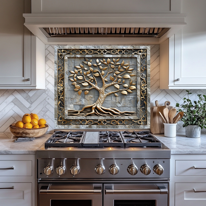 Carved Look Tree of Life Print One Piece Tempered Glass Kitchen Splashback For Stove Behind, Kitchen Backsplash, Wall Art