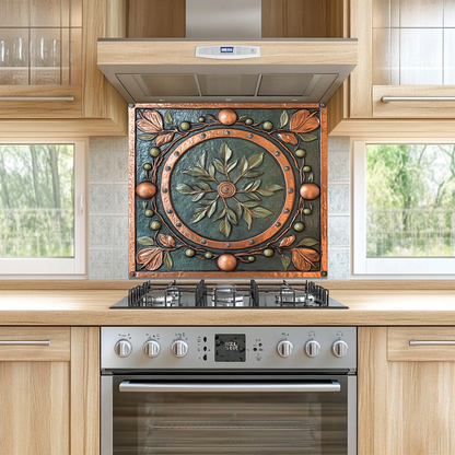 Copper Look Olive Leaves One Piece Tempered Glass Kitchen Splashback For Stove Behind, Kitchen Backsplash, Wall Art
