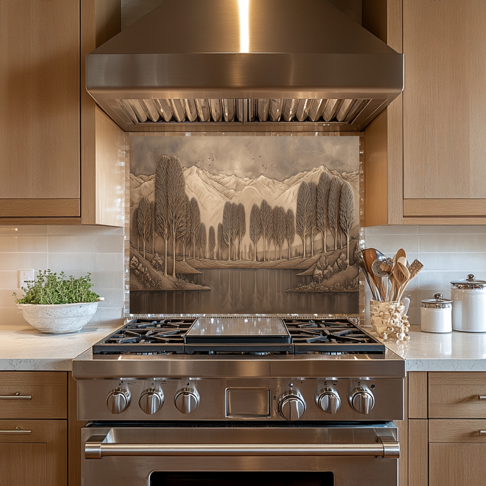 Copper Look Nature Landscape Glass Backsplash • Rustic Wall Art Panel • Mountain River Home Decor • Earthy Decorative Piece