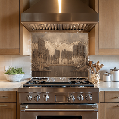 Copper Look Nature Landscape Glass Backsplash • Rustic Wall Art Panel • Mountain River Home Decor • Earthy Decorative Piece