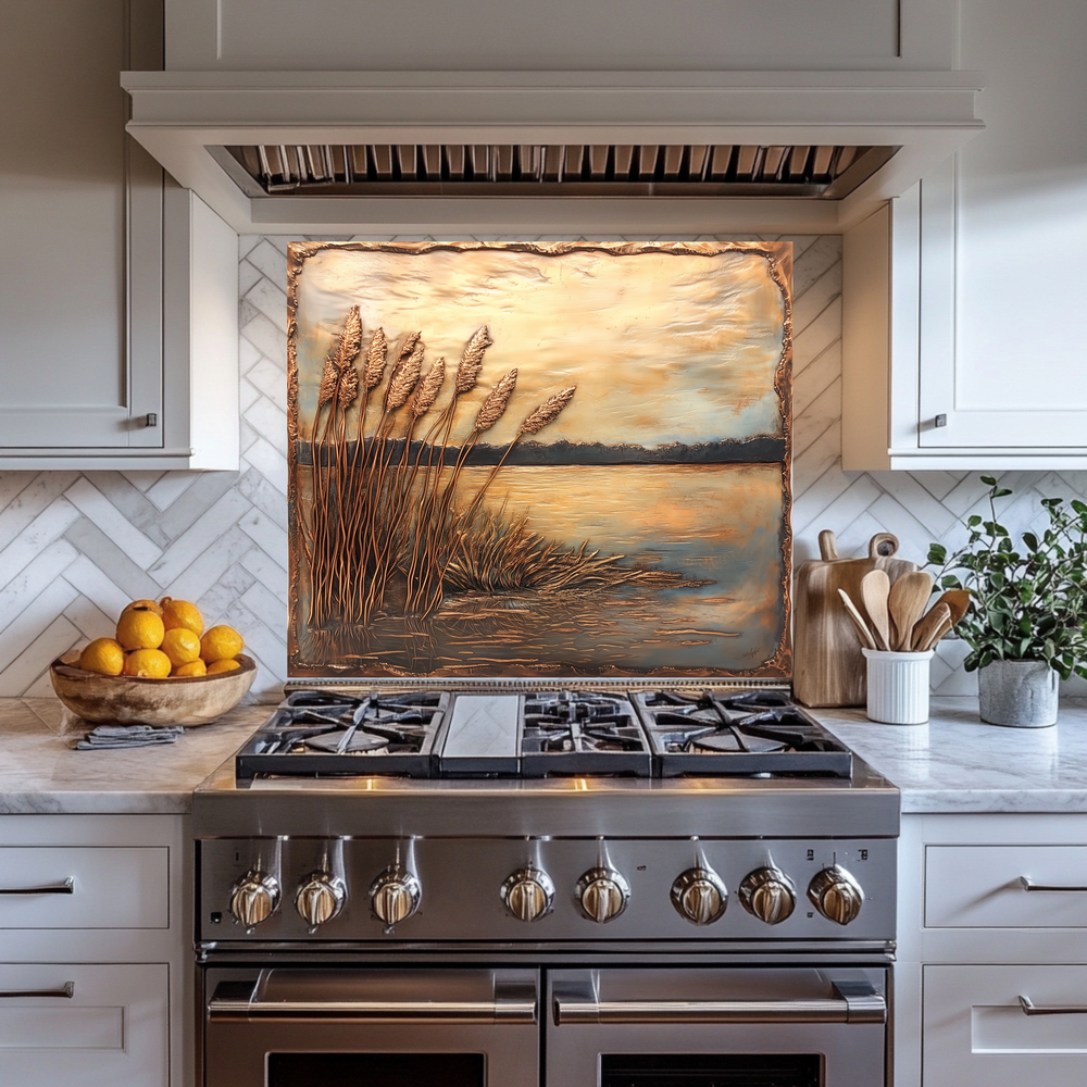 Copper Relief Look Reeds One Piece Tempered Glass Kitchen Splashback For Stove Behind, Kitchen Backsplash, Wall Art