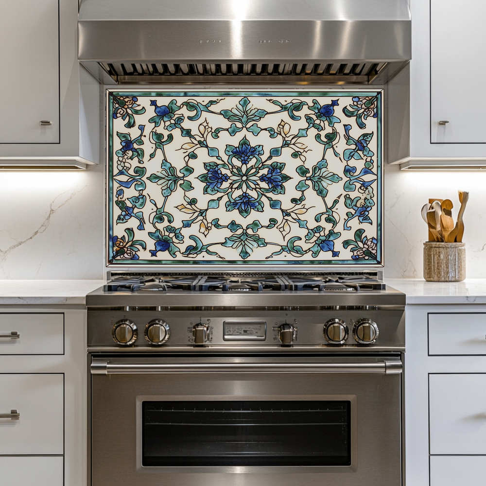 Ceramic Painting Look One Piece Tempered Glass Kitchen Splashback For Stove Behind, Kitchen Backsplash, Wall Art