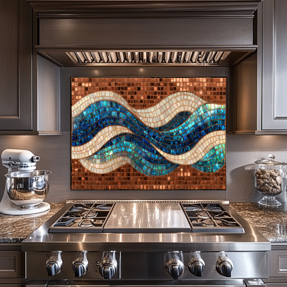 Mosaic Copper Ocean Wave Glass Backsplash • Coastal Wall Art Panel • Artistic Blue Water Kitchen Decor • Textured Nautical Design