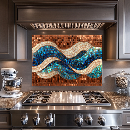 Mosaic Copper Ocean Wave Glass Backsplash • Coastal Wall Art Panel • Artistic Blue Water Kitchen Decor • Textured Nautical Design