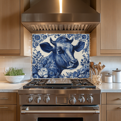 Delft Blue Cow Glass Backsplash Panel, Tempered Glass Wall Art, Dutch Farmhouse Kitchen Decor, Cow Pattern Tile, Rustic Animal Wall Panel