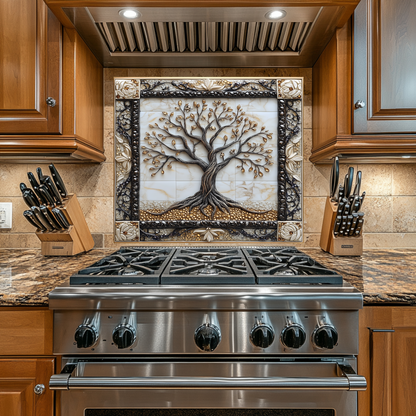 Attractive Life of Tree Framed Look One Piece Tempered Glass Kitchen Backsplash for Stove Behind, Kitchen Splashback, Glass Wall Art
