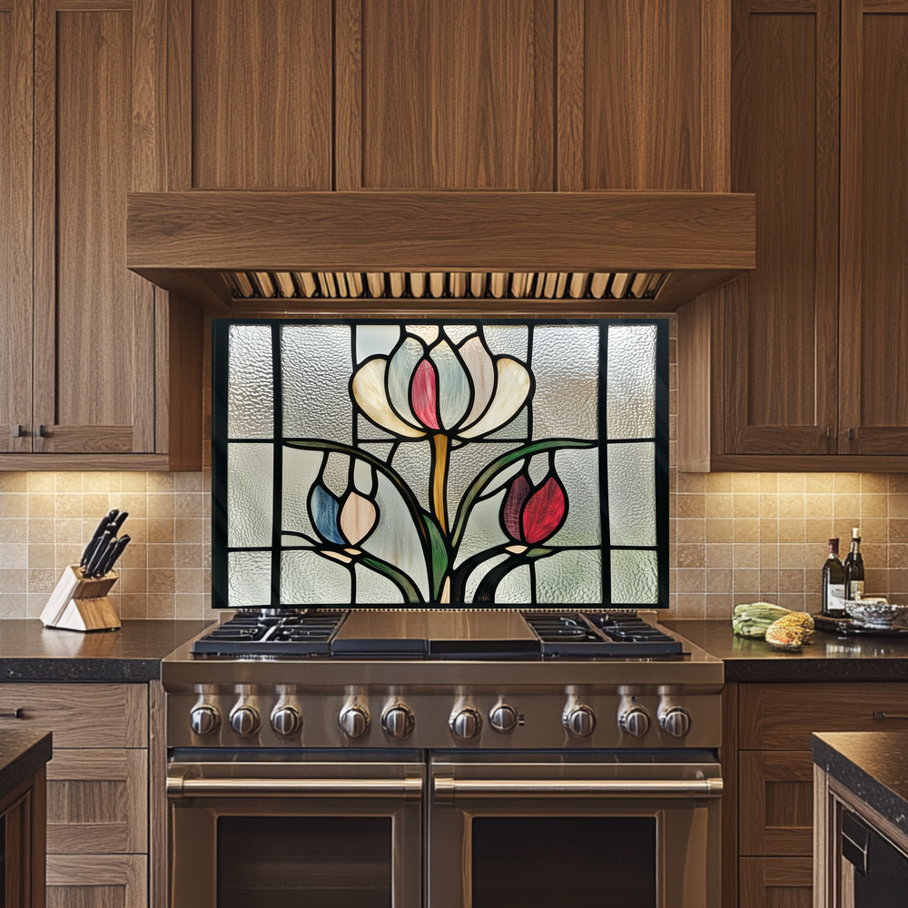 Tulips Stained Glass Look One Piece Tempered Glass Kitchen Splashback For Stove Behind, Kitchen Backsplash, Kitchen Backsplash, Wall Art