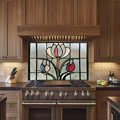 Tulips Stained Glass Look One Piece Tempered Glass Kitchen Splashback For Stove Behind, Kitchen Backsplash, Kitchen Backsplash, Wall Art