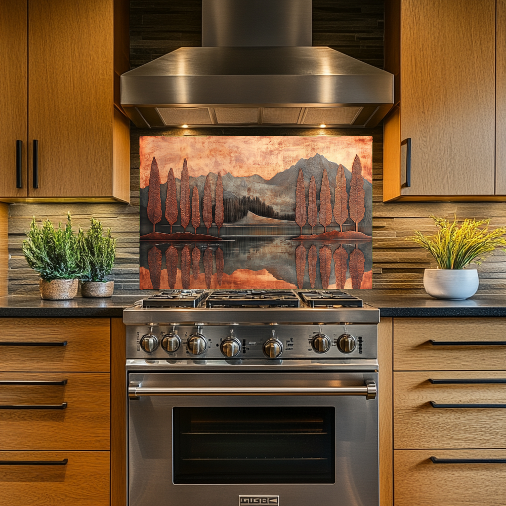 Copper Look Nature Landscape Glass Backsplash • Rustic Wall Art Panel • Mountain River Home Decor • Earthy Decorative Piece