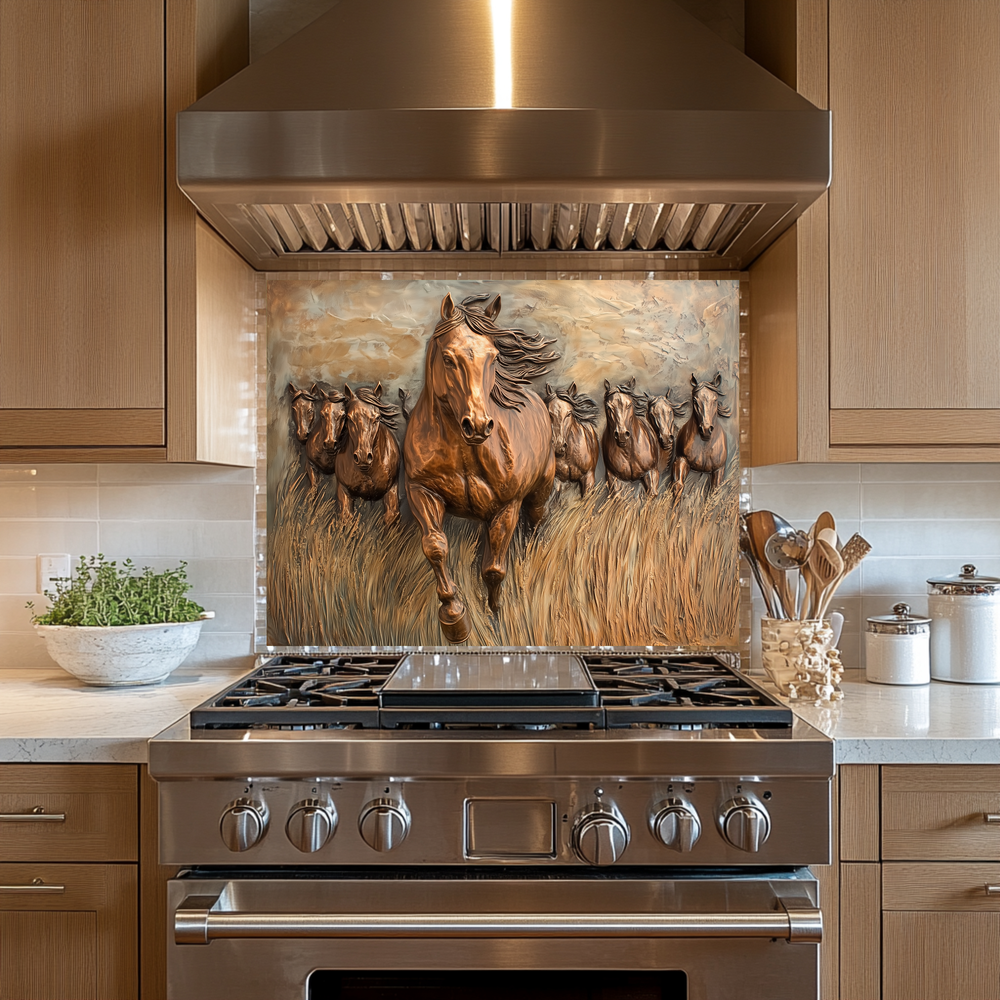Glass Backsplash with Copper Horses, Tempered Wall Art Panel, Horse Kitchen Decor, Rustic Animal Tile