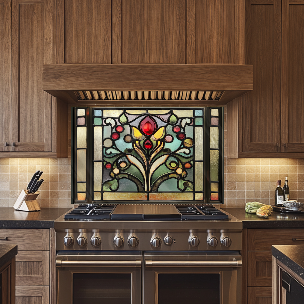 Stained Glass One Piece Tempered Glass Kitchen Splashback For Stove Behind, Kitchen Backsplash, Wall Art