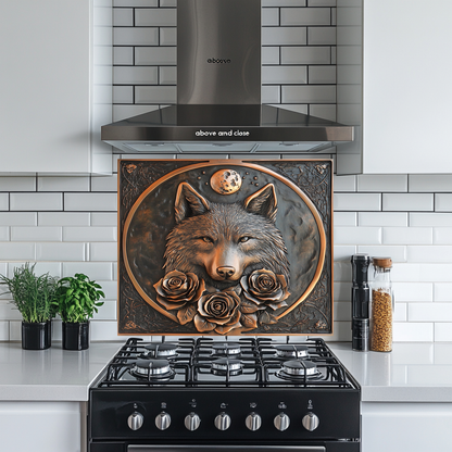 Copper Look Wolf and Roses Glass Backsplash Panel, Tempered Glass Wall Art, Rustic Kitchen Decor, Floral Wolf Design, Modern Stove Protector