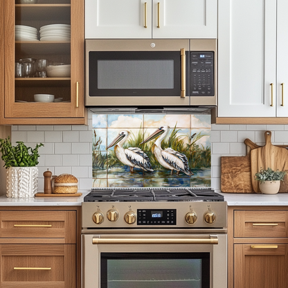 Two Pelican Prints One Piece Tempered Glass Kitchen Splashback For Stove Behind, Kitchen Backsplash, Wall Art