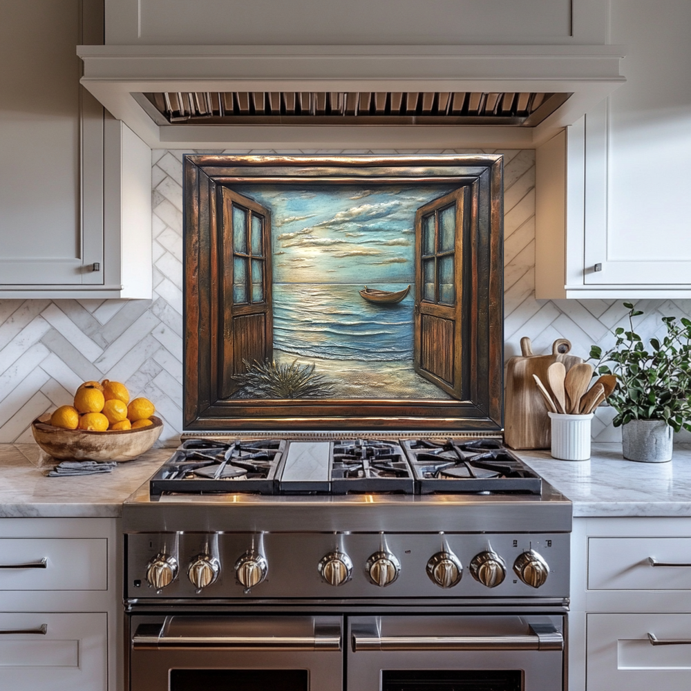 Wooden Window Prints One Piece Tempered Glass Kitchen Splashback For Stove Behind, Kitchen Backsplash, Wall Art