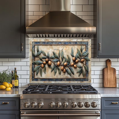 Copper Look Olive Branches One Piece Tempered Glass Kitchen Splashback For Stove Behind, Kitchen Backsplash, Wall Art
