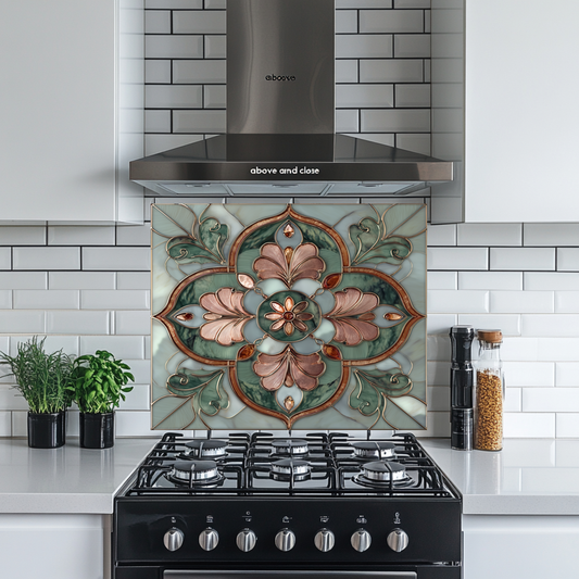 Green Glass Backsplash, Ottoman Tile Look Tempered Glass Kitchen Splashback For Stove Behind, Copper Look Backsplash, Oven Backsplashes