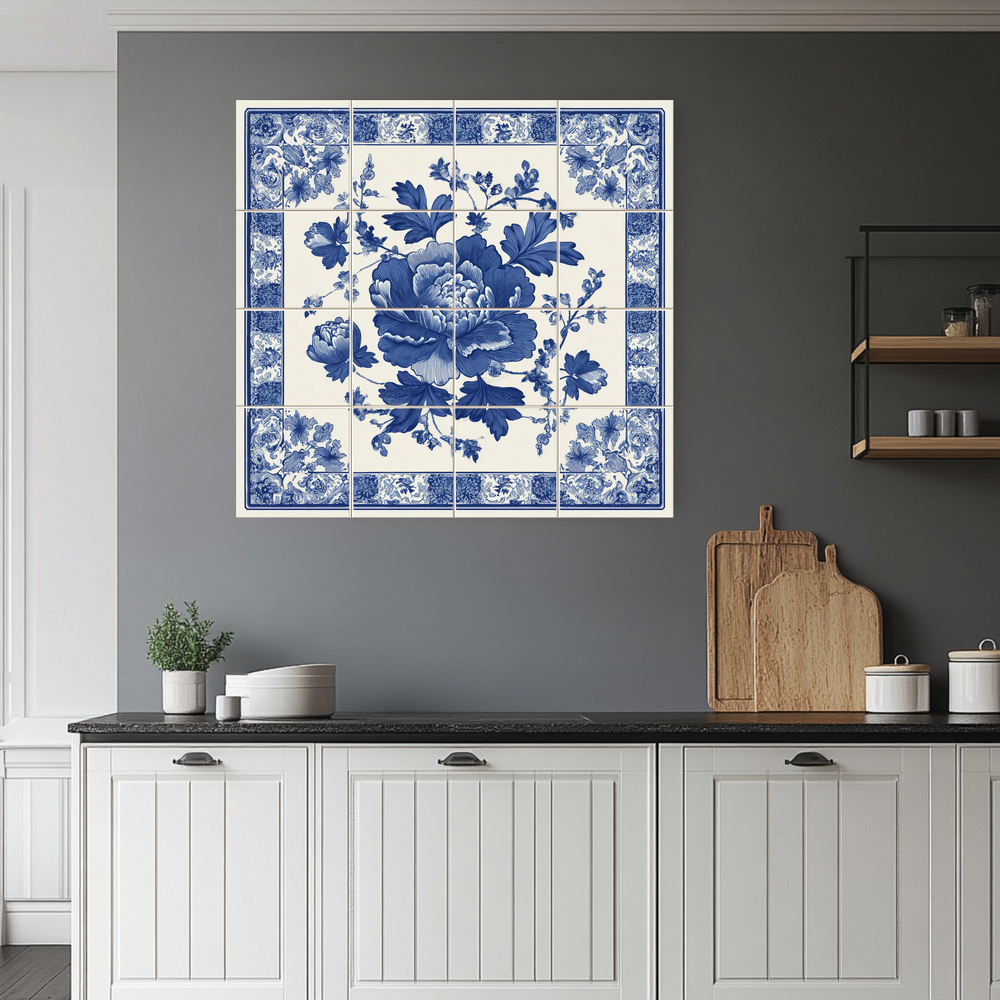 Floral Delft Blue Glass Backsplash, Blue White Dutch Style Wall Art, Custom Printed Glass Panel, Made in USA