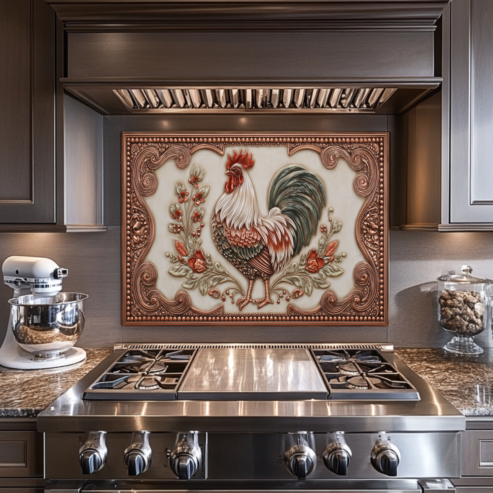 Copper Embossed Mediterranean Rooster Glass Backsplash • Rustic Kitchen Panel • Artistic Farmhouse Tile Design • Traditional Wall Piece