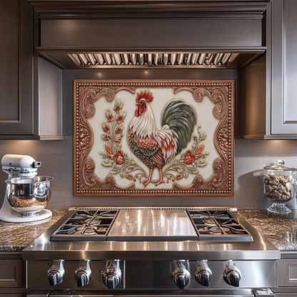 Copper Embossed Mediterranean Rooster Glass Backsplash • Rustic Kitchen Panel • Artistic Farmhouse Tile Design • Traditional Wall Piece
