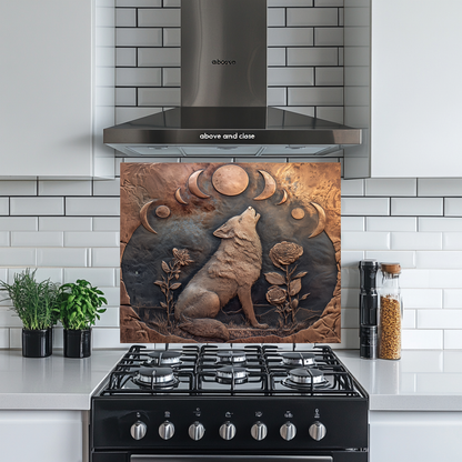 Copper Embossed Look Wolf Glass Backsplash • Wild Nature Kitchen Panel • Artistic Textured Style • Animal Decorative Panel