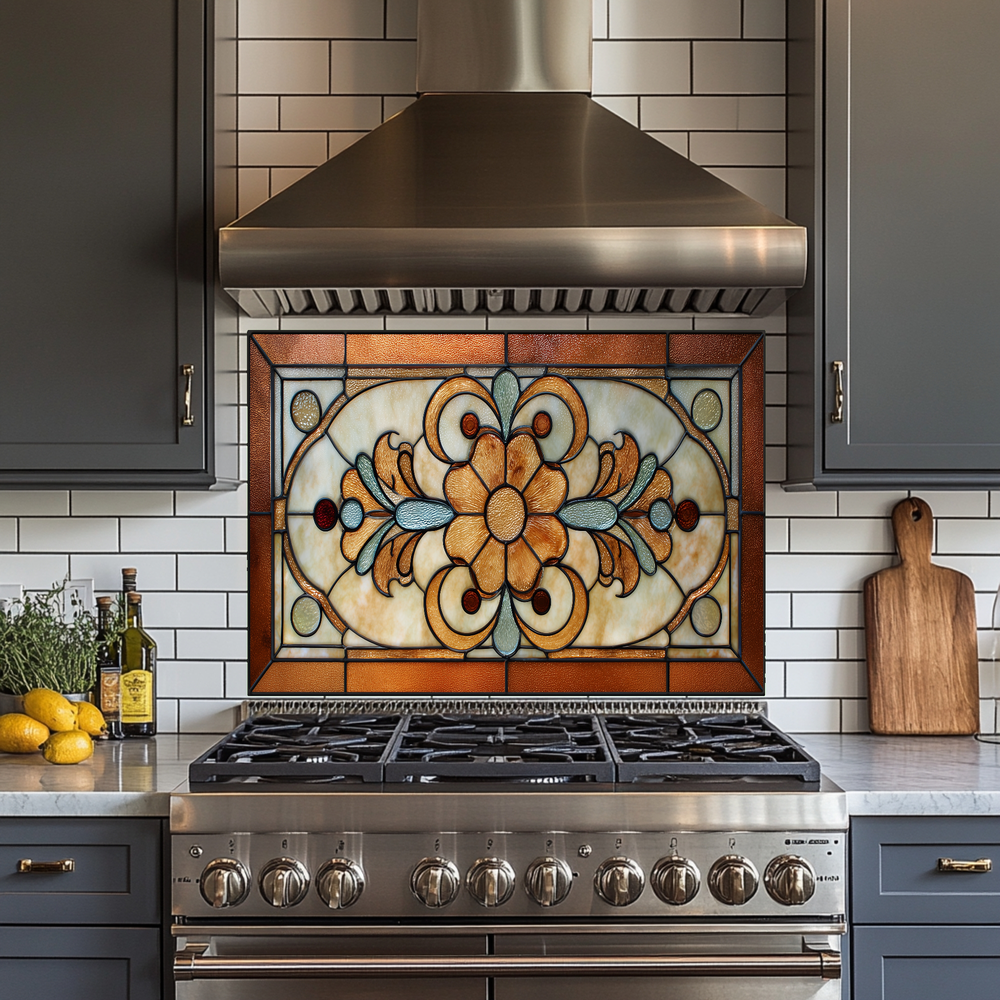Floral Stained Look Glass Style Backsplash Panel, Tempered Glass Wall Art, Timeless Color Design, Elegant Kitchen Decor, Stove Protector