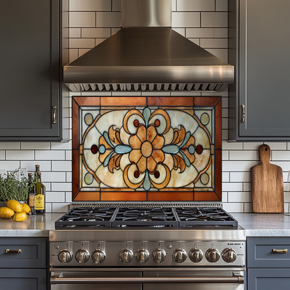 Floral Stained Look Glass Style Backsplash Panel, Tempered Glass Wall Art, Timeless Color Design, Elegant Kitchen Decor, Stove Protector