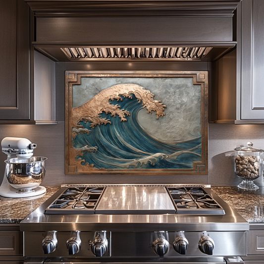 Copper Look Ocean Wave Glass Backsplash • Coastal Wall Art Panel • Artistic Blue Water Kitchen Decor • Textured Inspired Ocean Tile