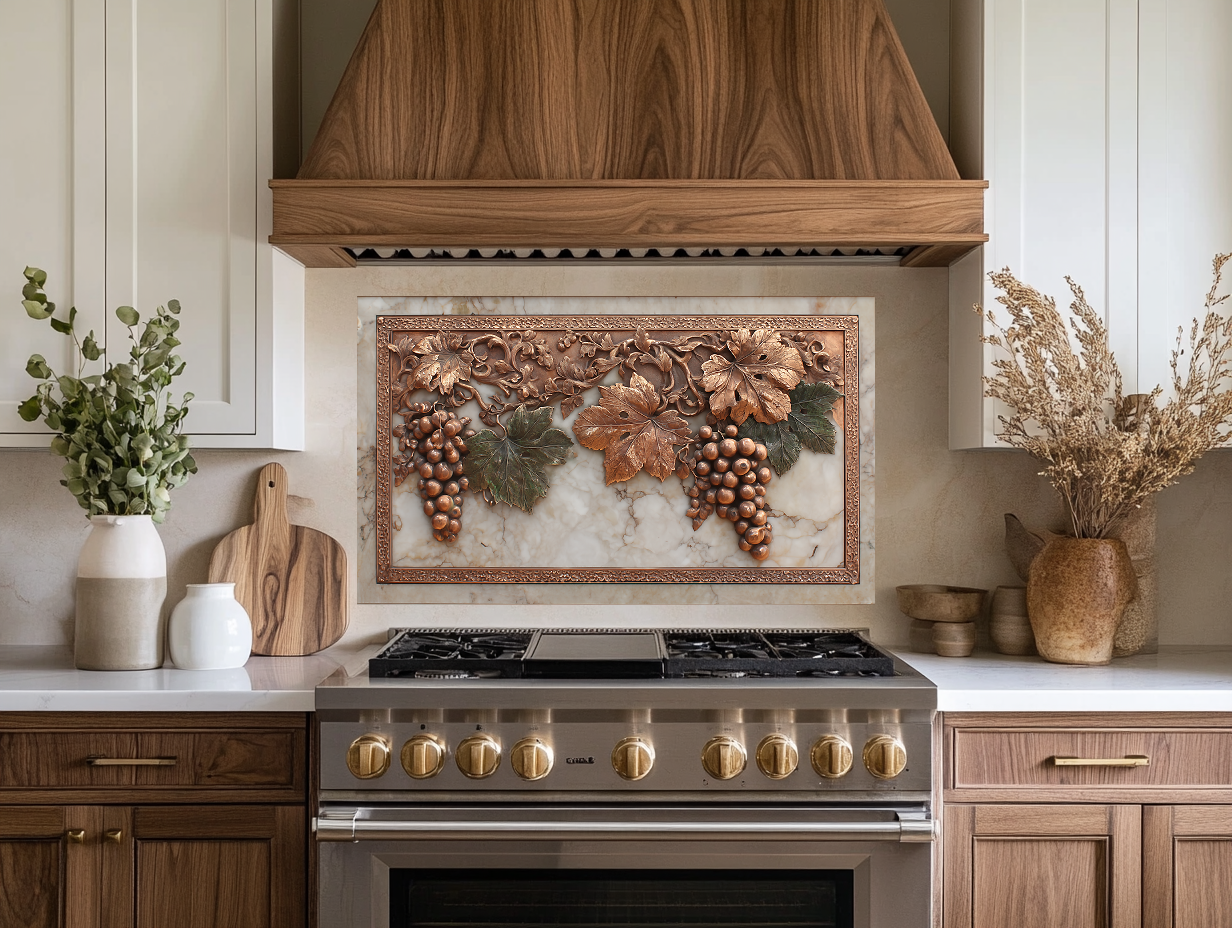 Copper Grape and Vine on Marble Design Printed Tempered Glass Kitchen Backsplash Splashback Decorative Wall Panel for Modern Home Decor