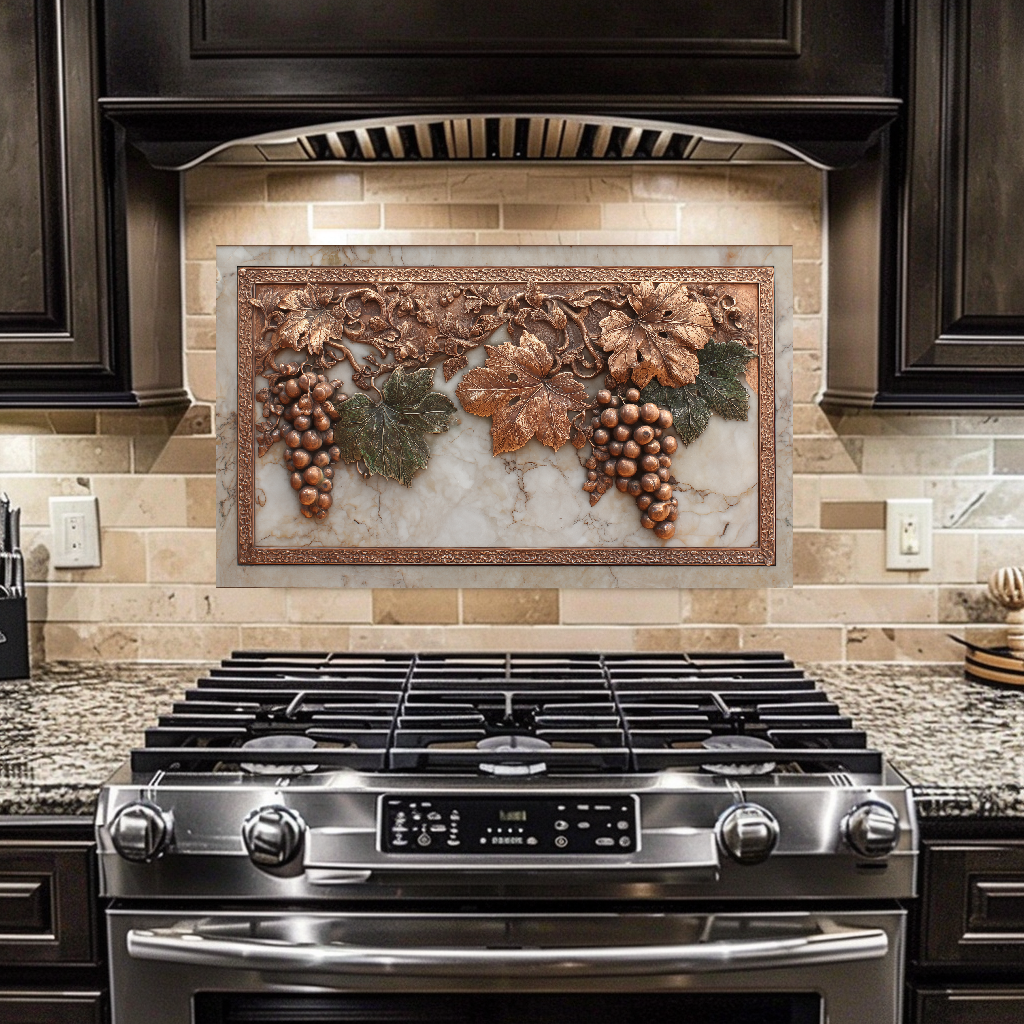 Copper Grape and Vine on Marble Design Printed Tempered Glass Kitchen Backsplash Splashback Decorative Wall Panel for Modern Home Decor